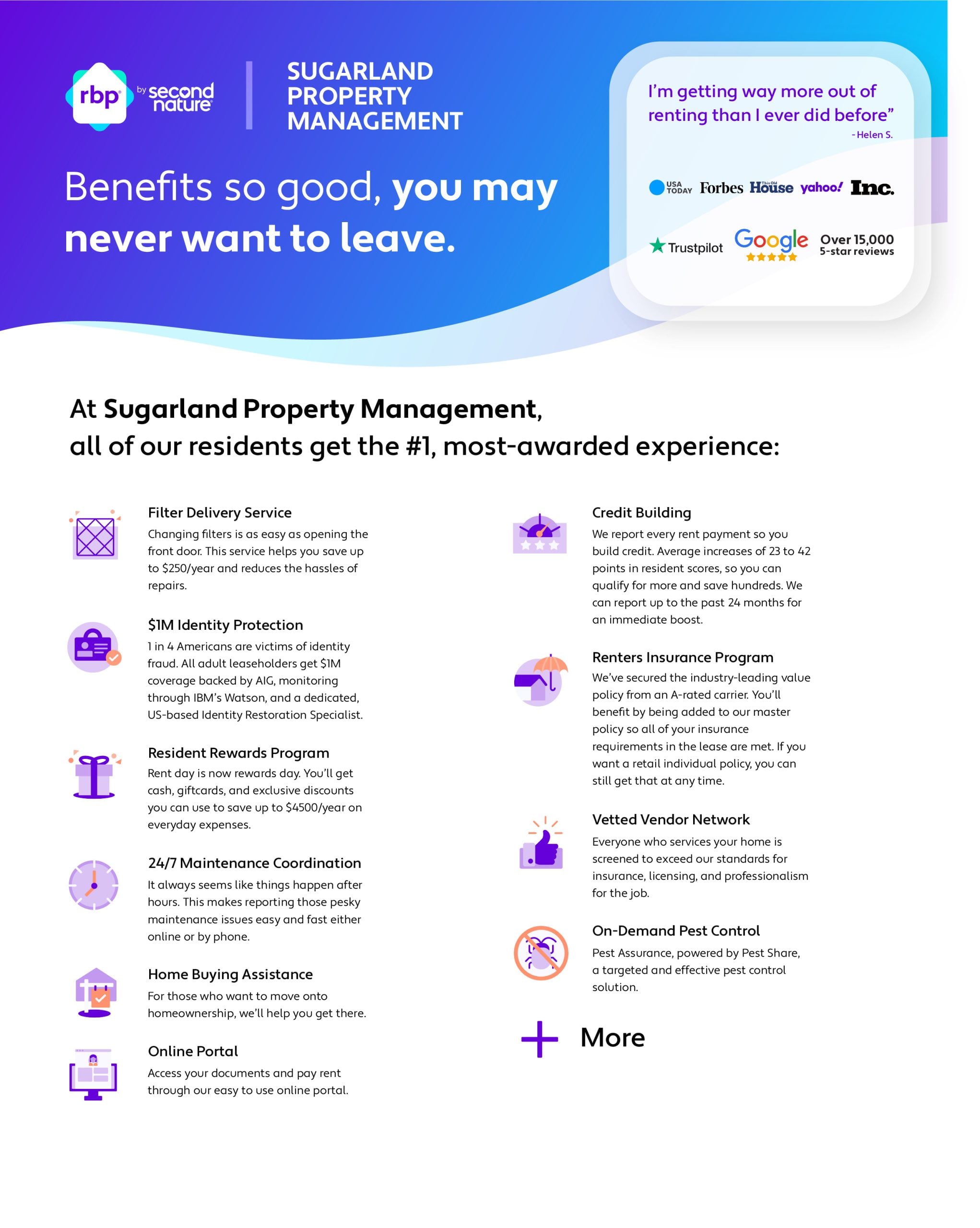 Resident Benefits Package — Benefits so good, you may never want to leave. Filter Delivery Service, Credit Building, $1M Identity Protection, Renters Insurance Program, and more.